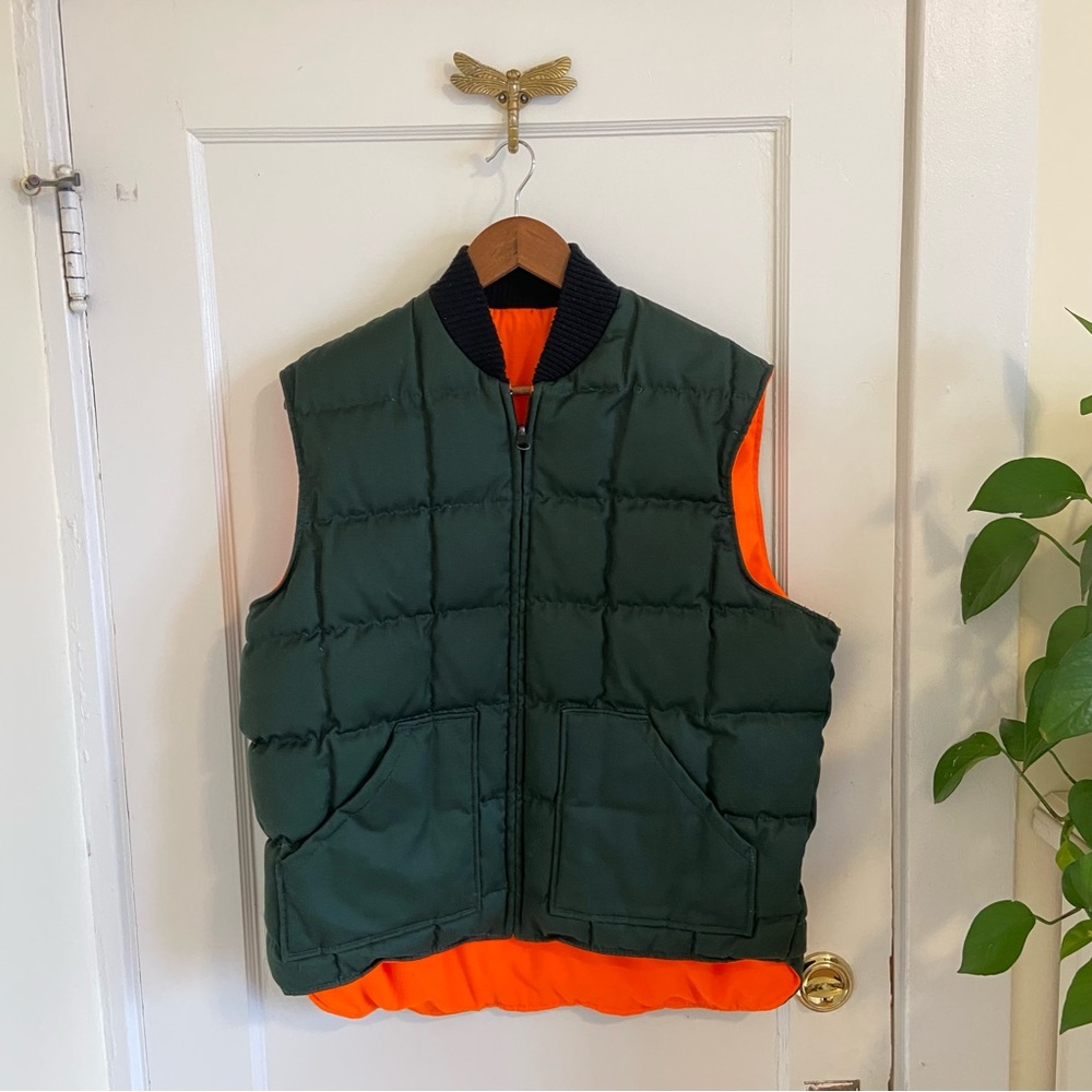 Vintage Walls Blizzard Pruf Reversible Down Hunting Vest Blaze Orange Green Sz L